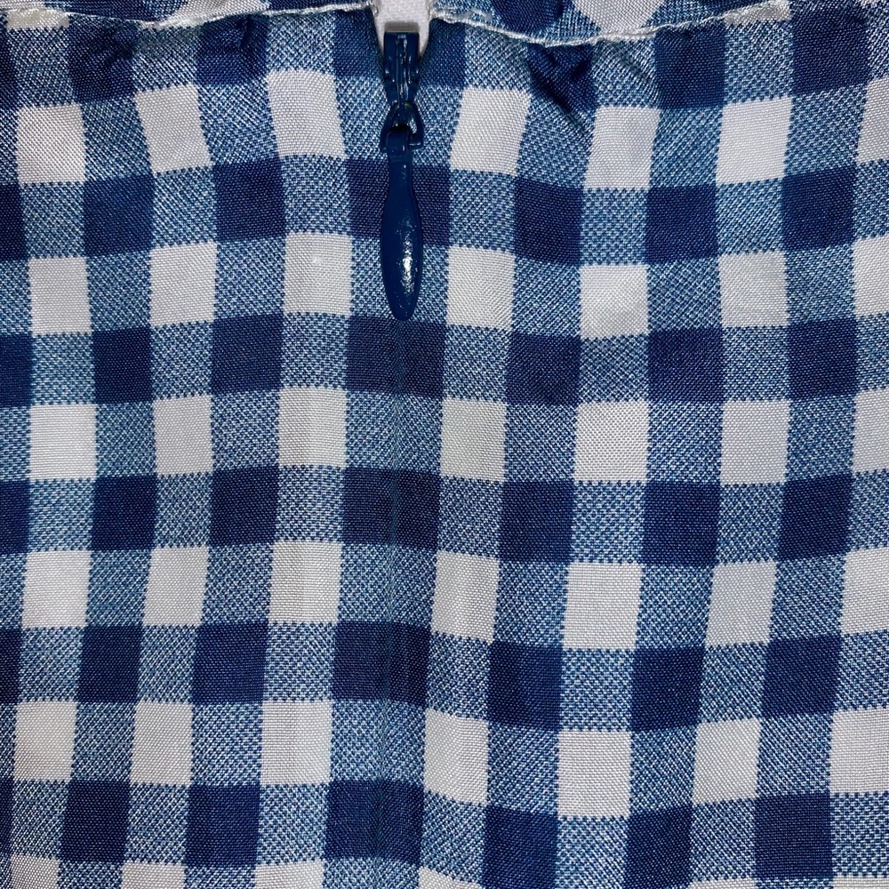 JCrew blue & white checkered silk peplum blouse.
